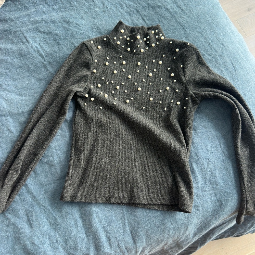 Zara Black Mock Neck Sweater with Pearl Accents